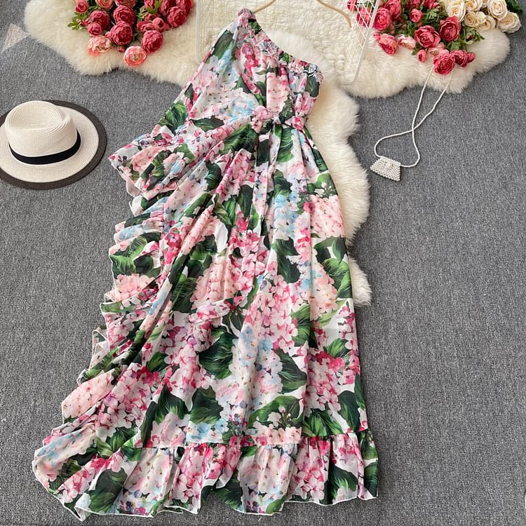 Flaxmaker Fashion Off Shoulder Ruffle Blossom Printed  Dress