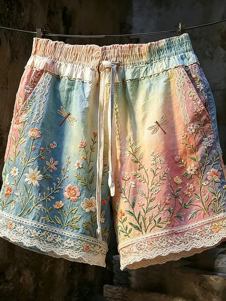 Women's Ombre Tie-Dye Floral & Dragonfly Print Shorts