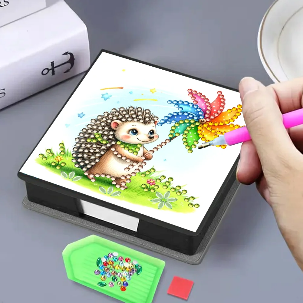 PU Hedgehog Diamond Painting Notecard Box with Papers for DIY Art Craft