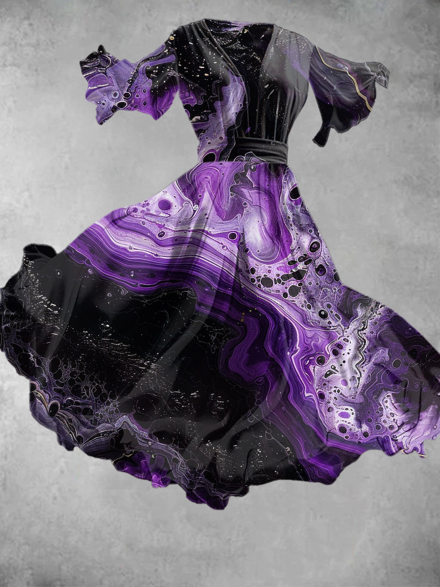 Abstract Marble Art Print V-Neck Vintage Chic Short Sleeve Flowy Midi Dress