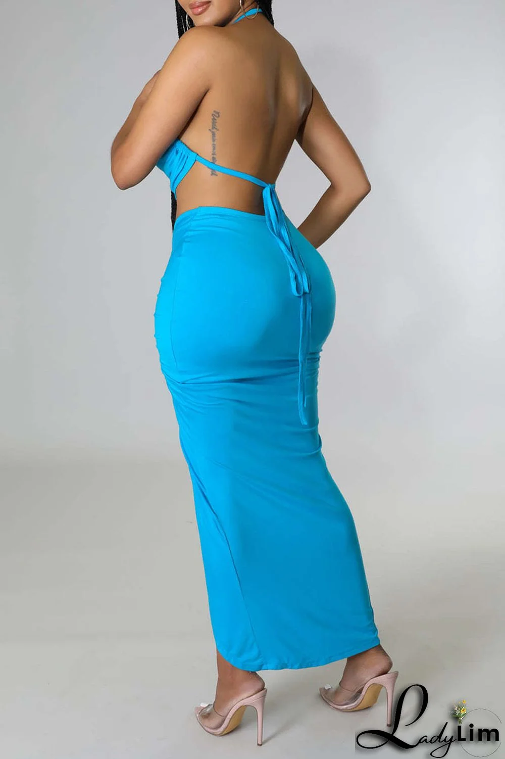 White Sexy Solid Bandage Patchwork Backless Fold Halter Sleeveless Two Pieces