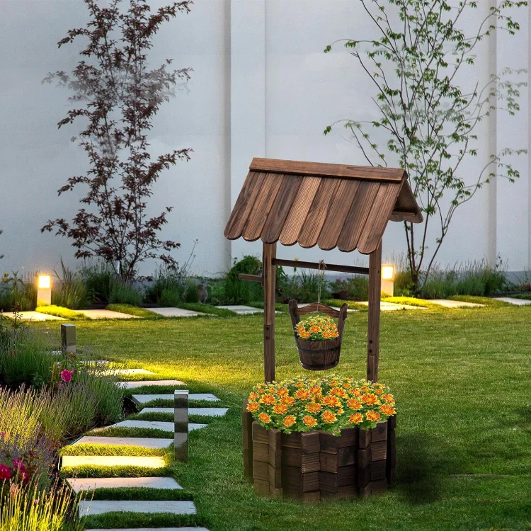 Rustic Solid Fir Wood Wishing Well Planter for Outdoor Plants, 16.5 in Diameter