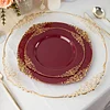 10 Pack | 8" Round Plastic Dessert Salad Plates In Vintage Burgundy, Gold Leaf Embossed Baroque Disposable Plates