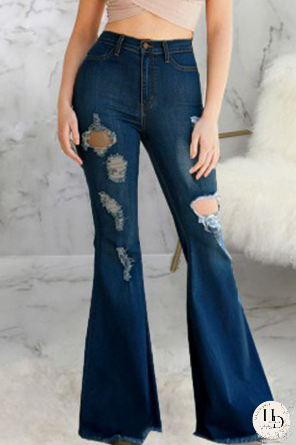 Dark Blue Casual Solid Ripped Mid Waist Boot Cut Denim Jeans