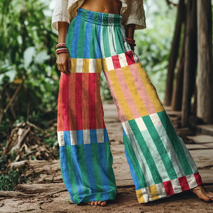Retro Abstract Geometric Print Loose Wide Leg Pants