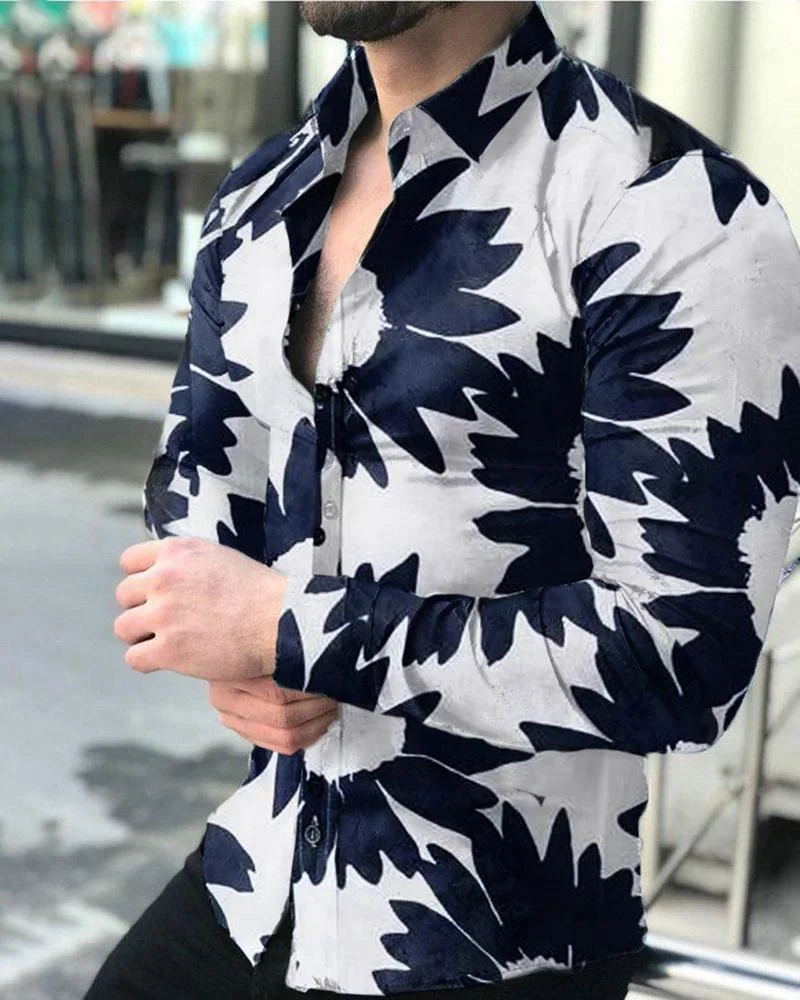 men's casual long-sleeved shirt with chrysanthemum print