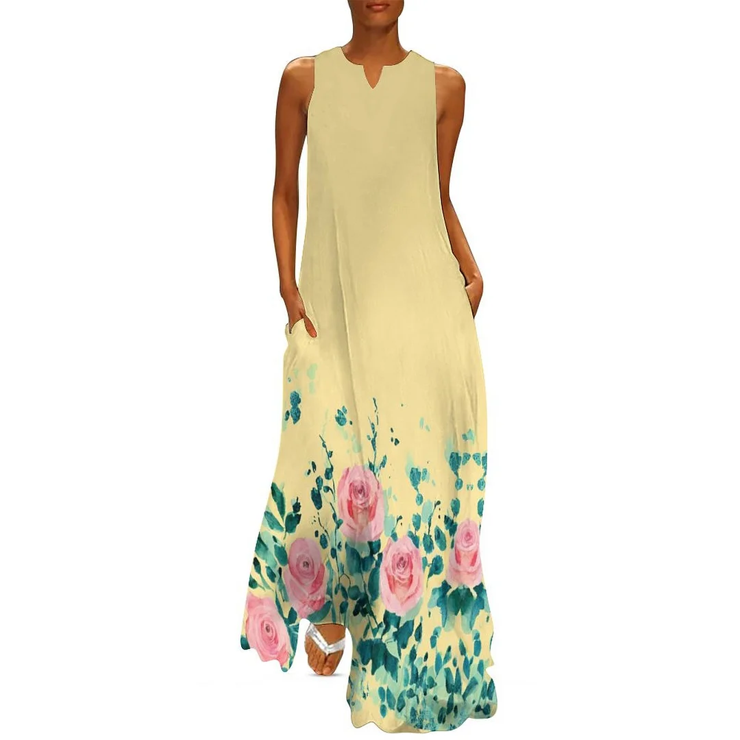 Style & Comfort for Mature Women Plus Size Printed Sleeveless Casual Women Maxi Dress with Pockets in Pattern Yellow, Floral