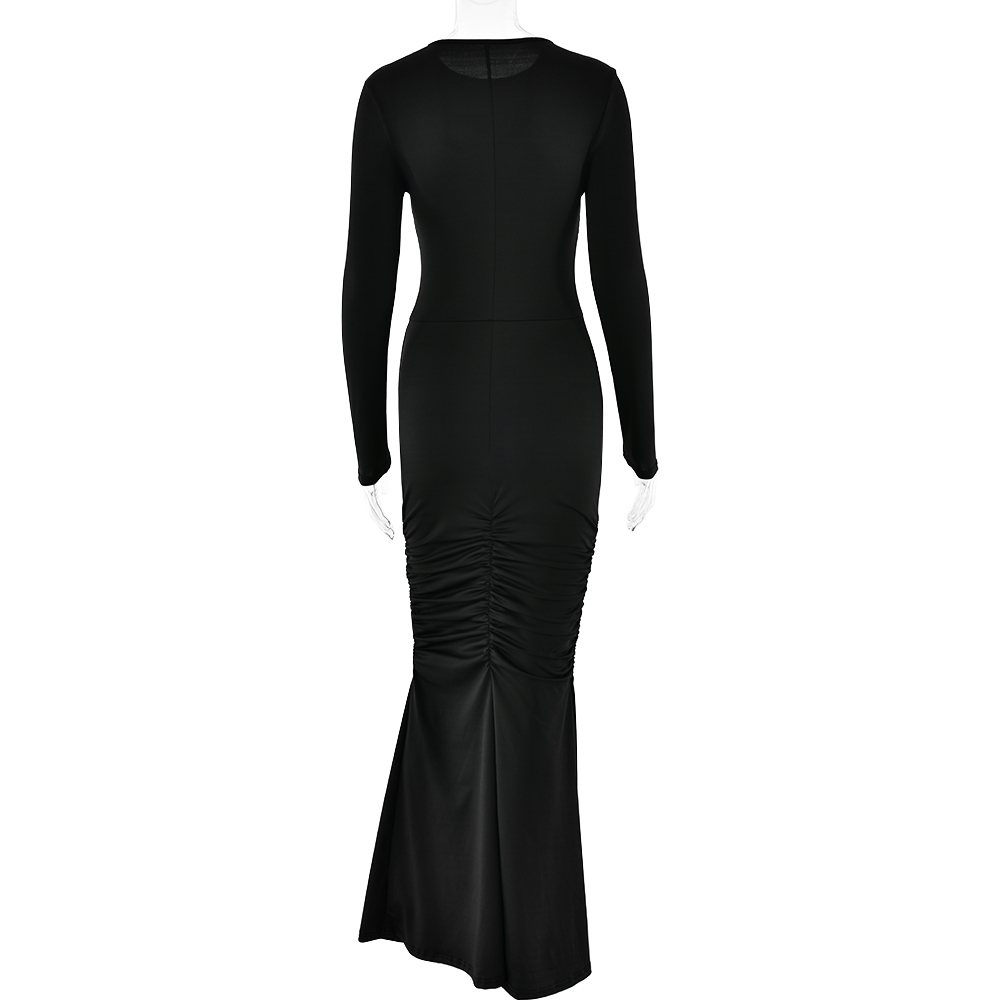 Ootddress Elegant Long Sleeved Elastic Tight Pleated Party Club Evening Dress Women Fashion Maxi Vestido Autumn Winter New Female