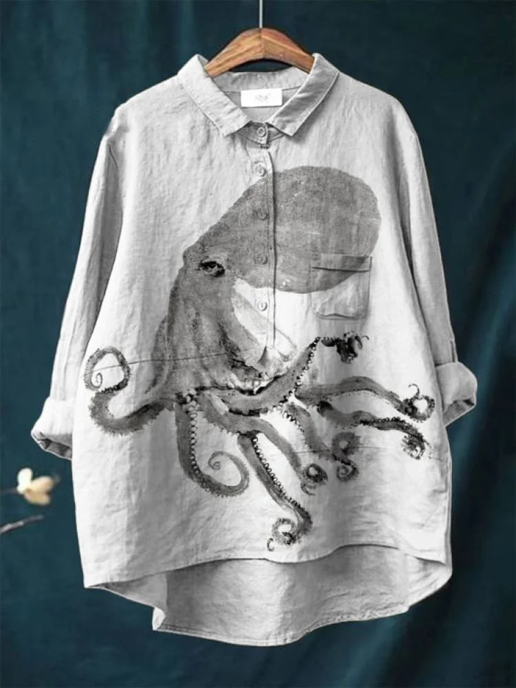 Vintage Japanese Octopus Pattern Art Print Casual Cotton And Linen Shirt