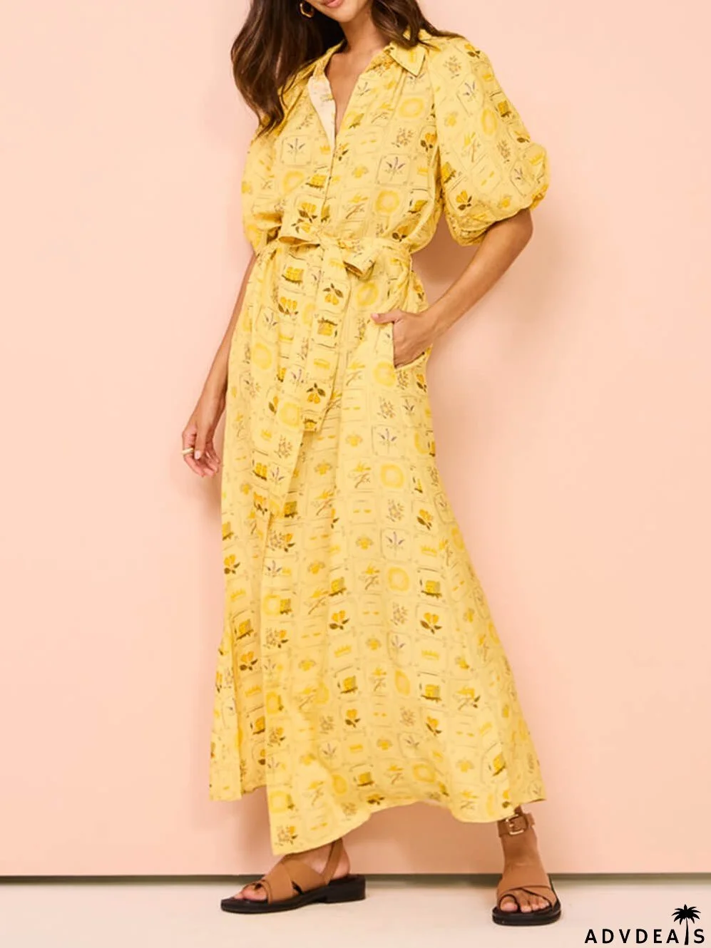 Featured Ethnic Style Loose Graceful Printed Button Shirt Maxi Dresses