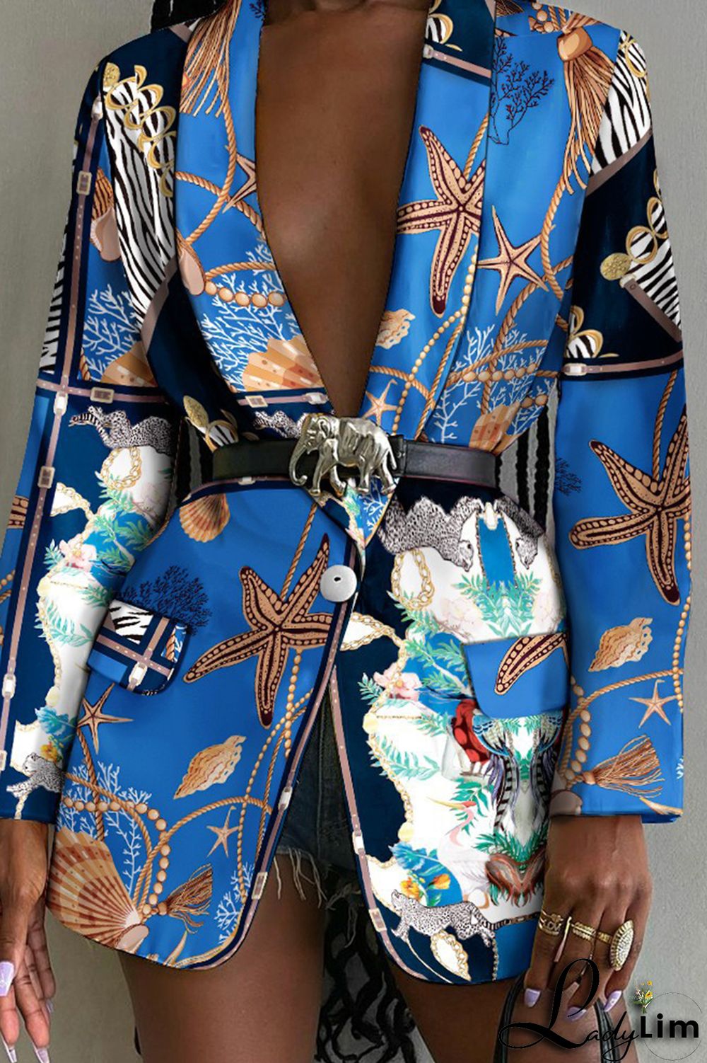 Multicolor Fashion Casual Print Patchwork Turn-back Collar Outerwear (Without Belt)