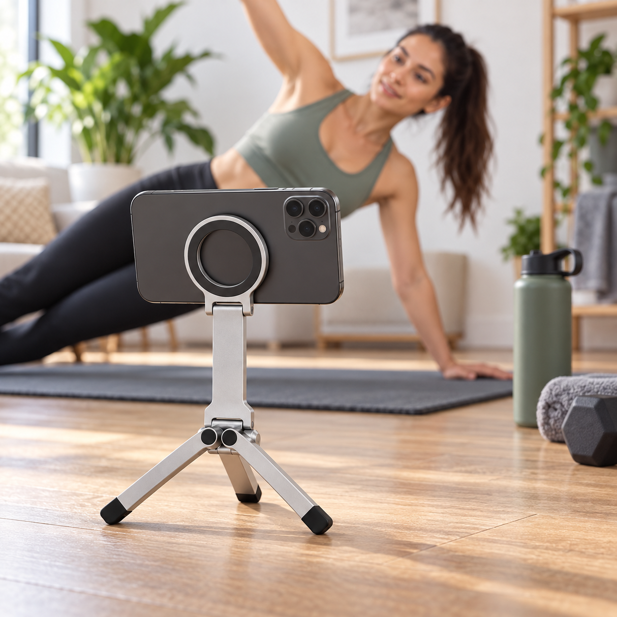 Magnetic phone tripod used during a home workout
