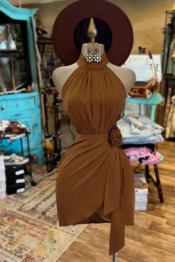 Elegant Brown High-Neck Dress