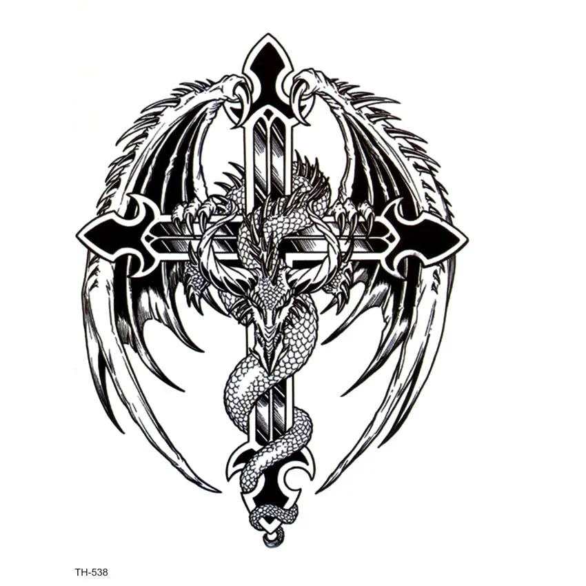 Winged Dragon On The Cross Waterproof Temporary Tattoos Men Fake Tattoo Body Tatoo Sleeve Art Tattoo henna Tattoo Stickers