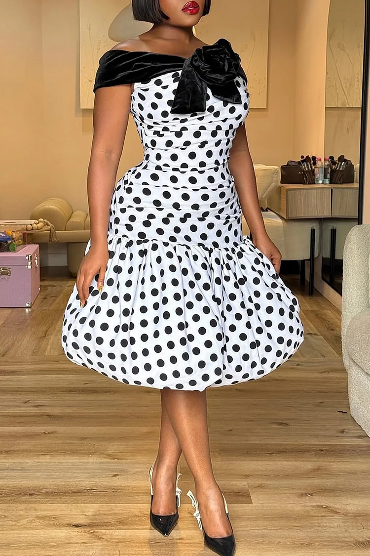 Plus Size Formal White Polka Dot Off The Shoulder 3D Elegant Bubble Velvet Satin Midi Dresses [Pre-Order] 2024 - Xpluswear