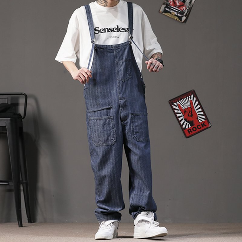 Vintage Denim Vertical Stripes Dark Blue Loose Overalls