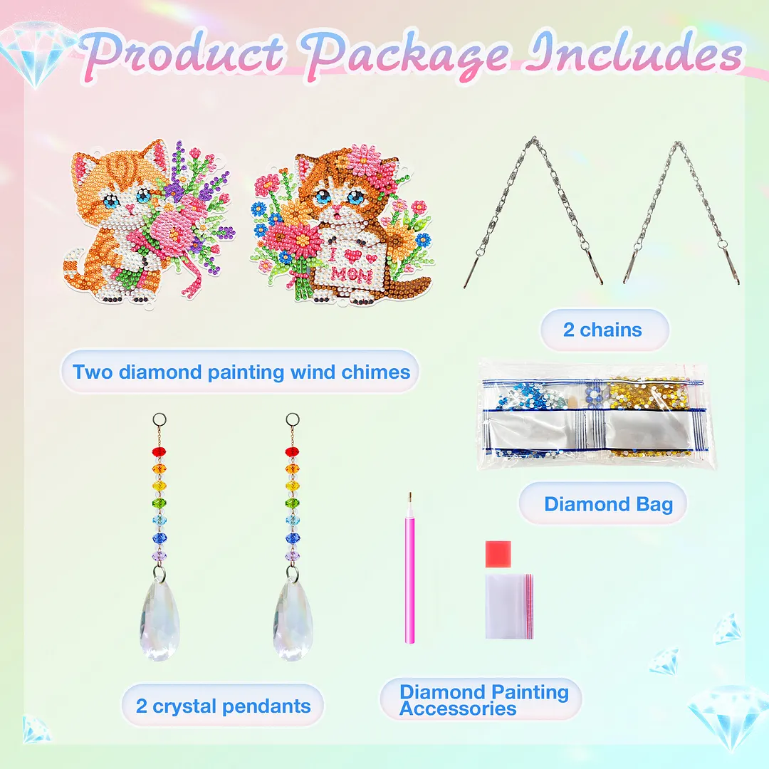 2Pcs Cat DIY Acrylic Diamond Painting Art Wind Chimes with Crystal Pendant Diamond Art Hanging Pendant Double-Sided for Adults Beginners Gift Home Garden Decor