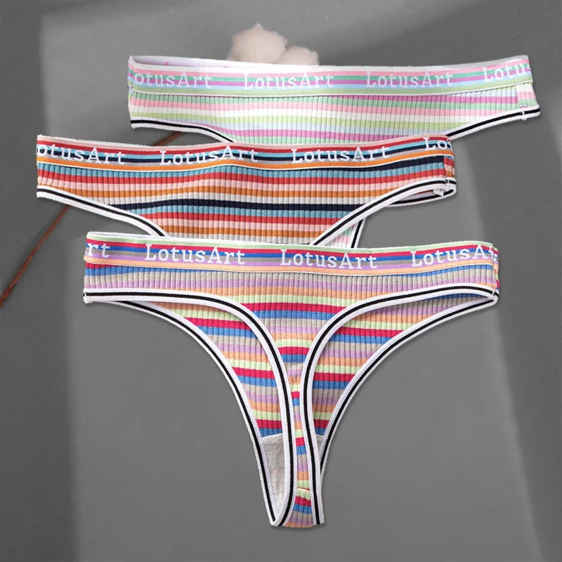 FINETOO 3Pcs/set Women Rainbow Thongs M-XL Cotton Panties Comfortable Striped T-Back Underwear Ladies Soft G-string Lingerie New