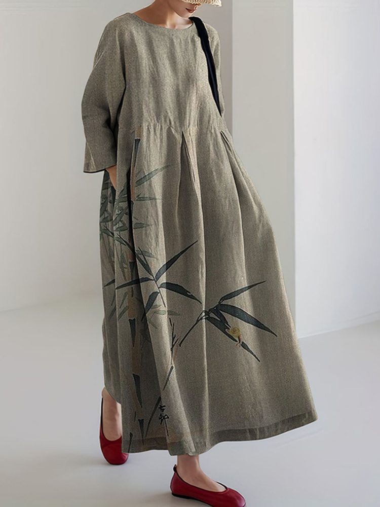 Comstylish Japanese Art Bamboo Linen Blend Maxi Dress