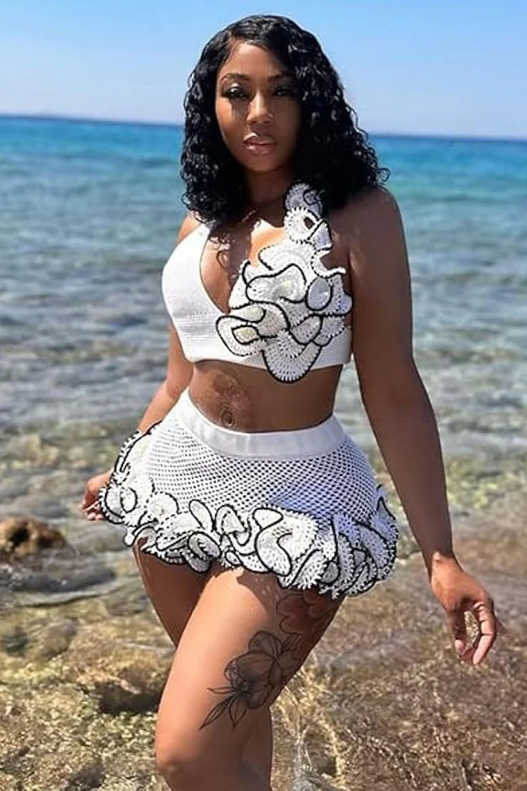 Ruffle Halter V Neck Top Fishnet Mini Skirt Vacay 2pcs Set-White [Pre Order]