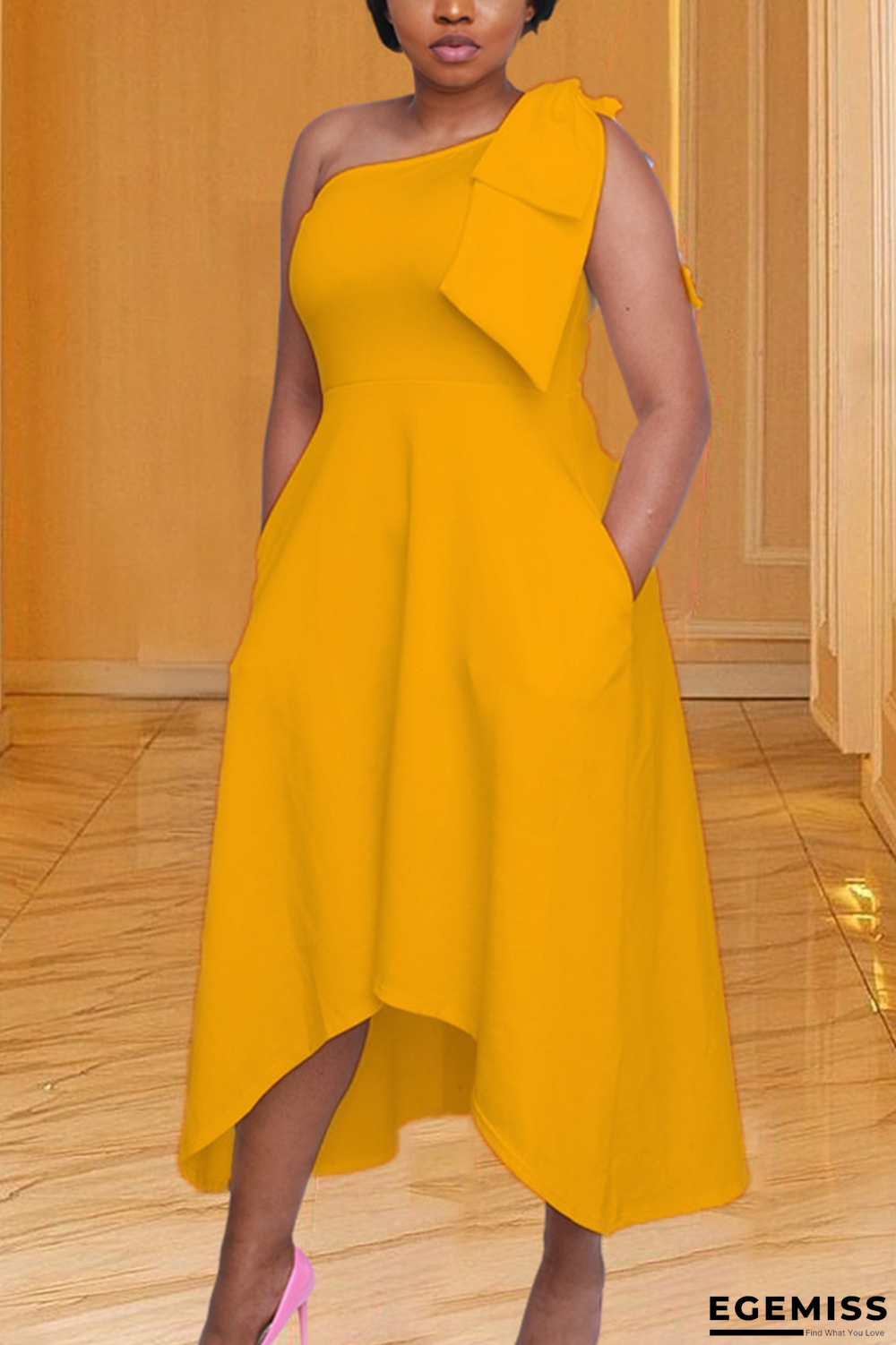 Yellow Casual Solid Patchwork One Shoulder Irregular Dress Dresses | EGEMISS