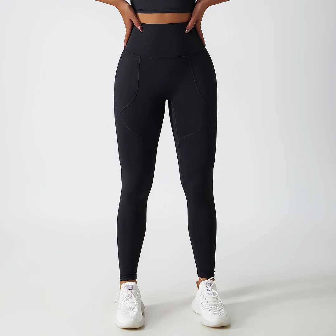 Hergymclothing Black renewable fabric sustainable no front seam yoga leggings with side pockets online shopping