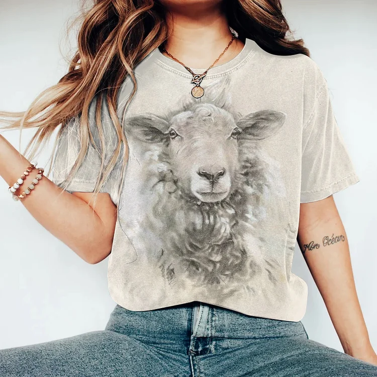 Comstylish Vintage Sheep Print Crew Neck Casual T-Shirt