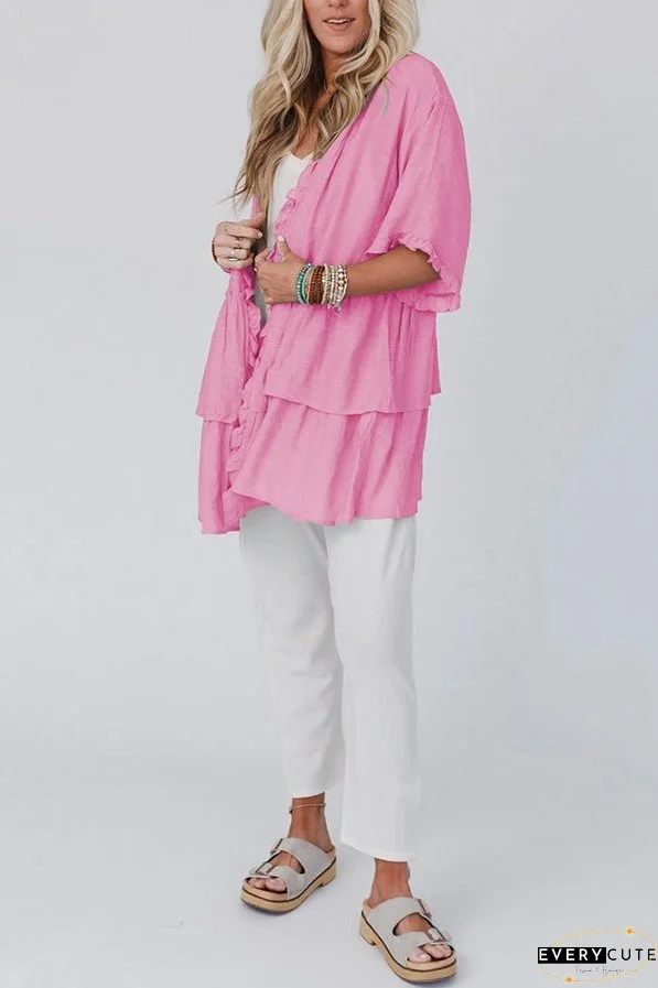 Ruffled Trim Short Sleeve Open Front Kimono