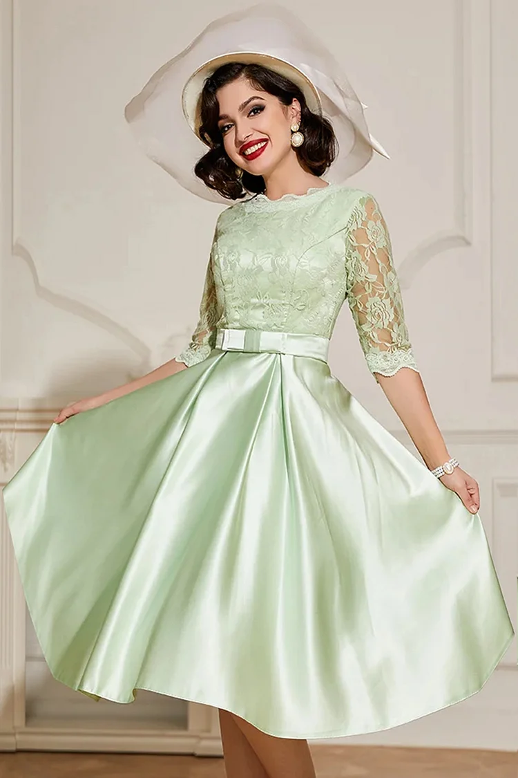 1950s Green Formal Patchwork Lace Solid Color A-line Swing Midi Dress