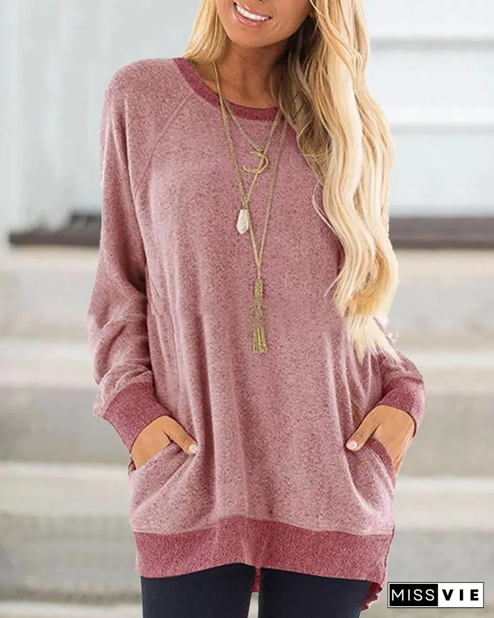 Sweater Pocket Solid  Design Casual Round Neck Shirts & Tops
