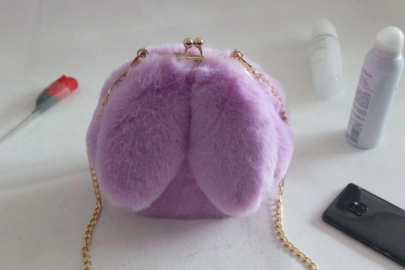 Women’s Plush Rabbit Solid Color Cute Round Lock Clasp Handbag Crossbody Bag