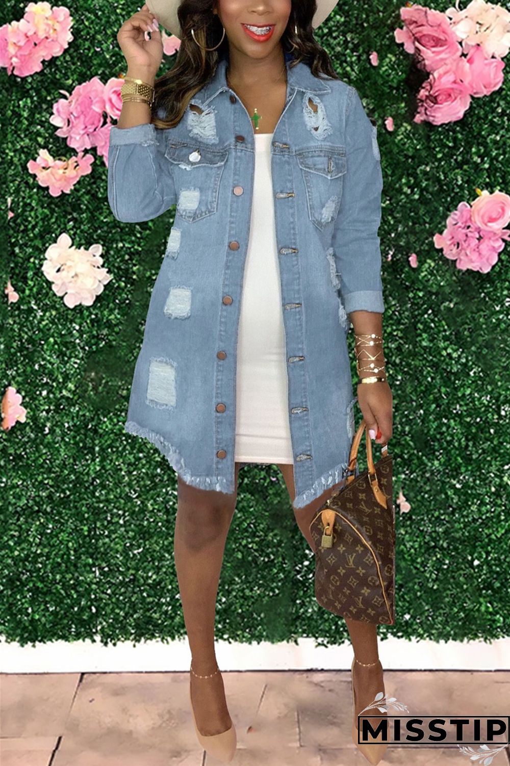 Dark Blue Fashion Casual Solid Ripped Turndown Collar Long Sleeve Regular Denim Coats