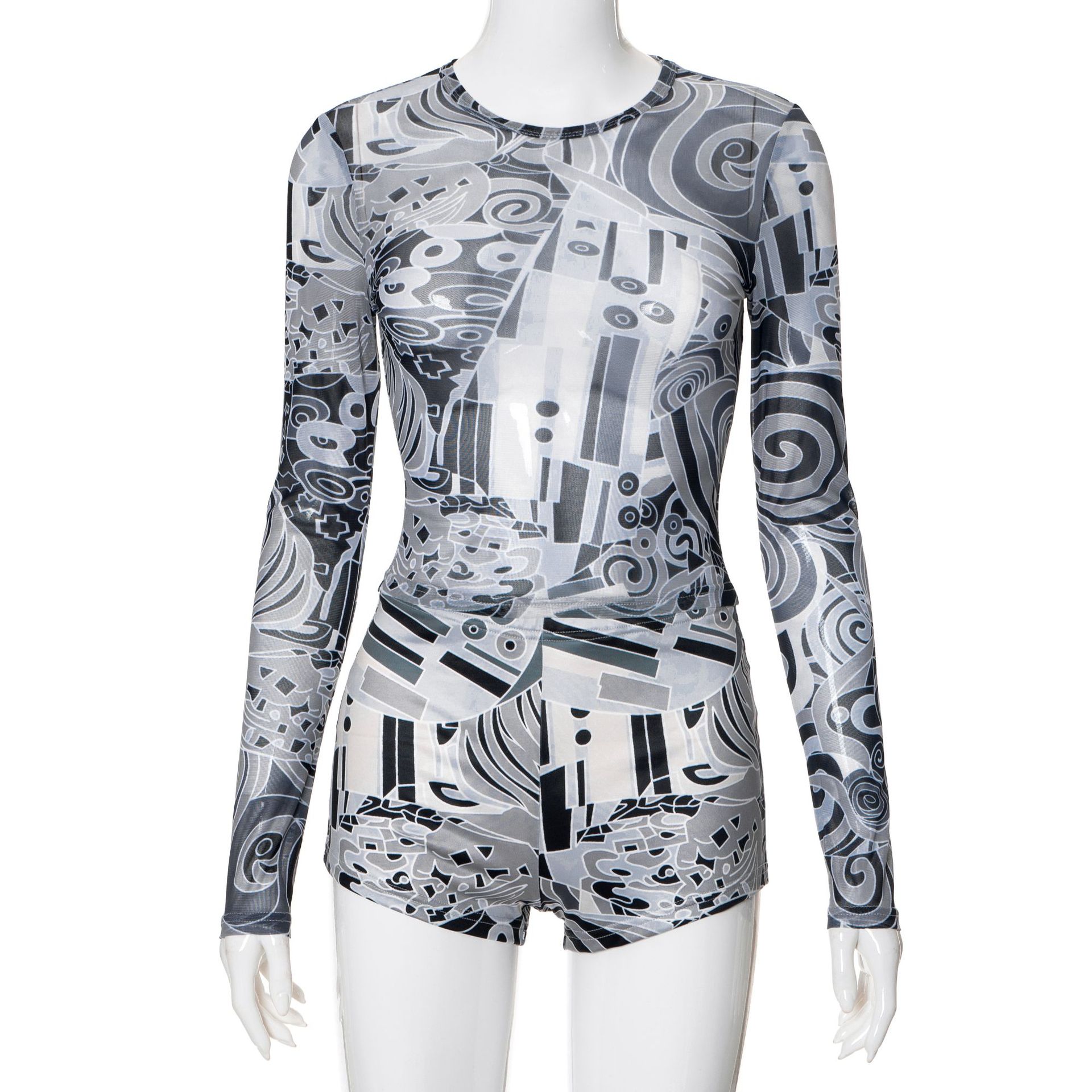 Women Summer Round Neck Long Sleeve Mesh Top and Shorts Casual Two-piece Set