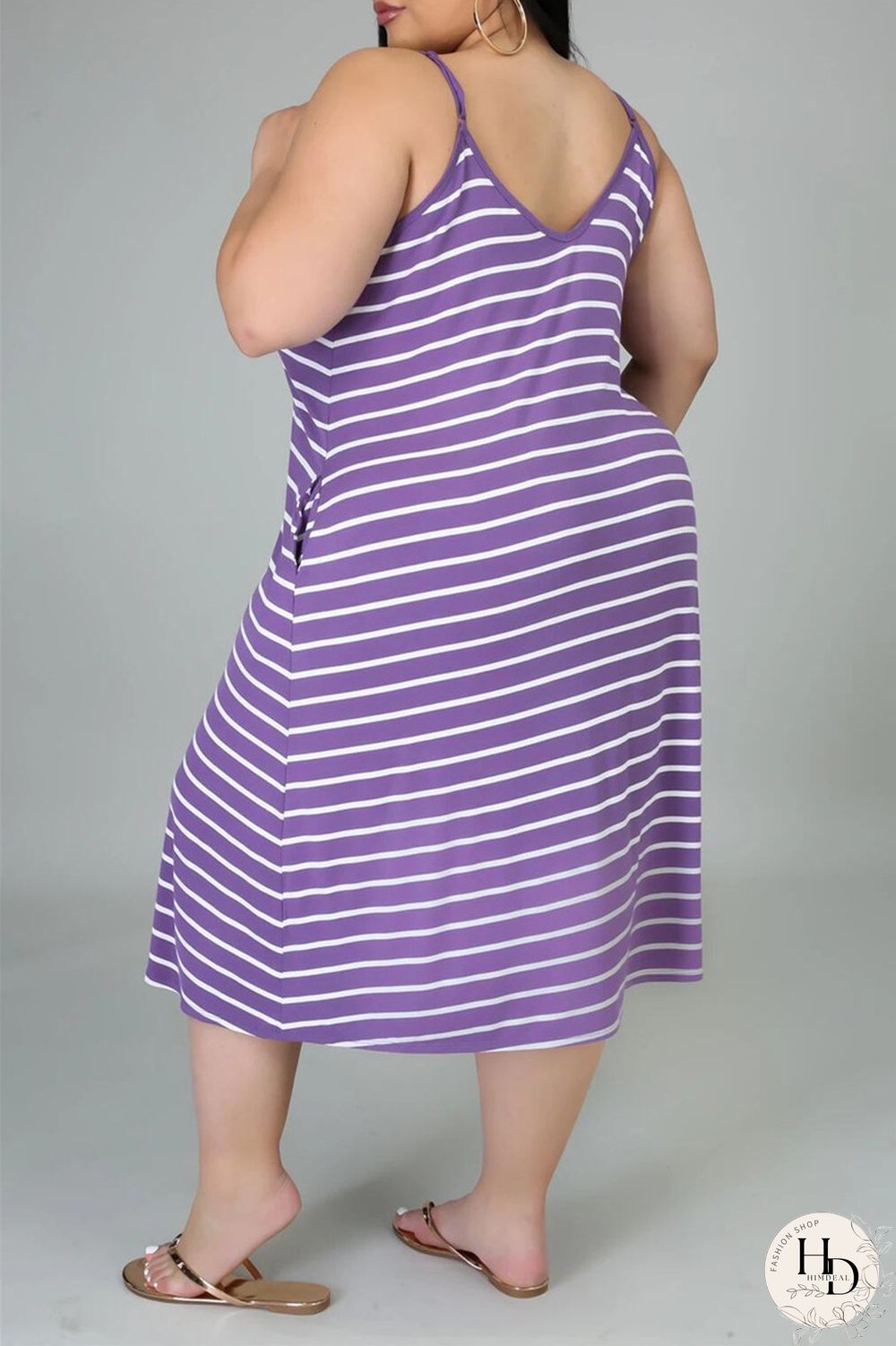 Deep Blue Sexy Casual Plus Size Striped Print Backless Spaghetti Strap Sleeveless Dress