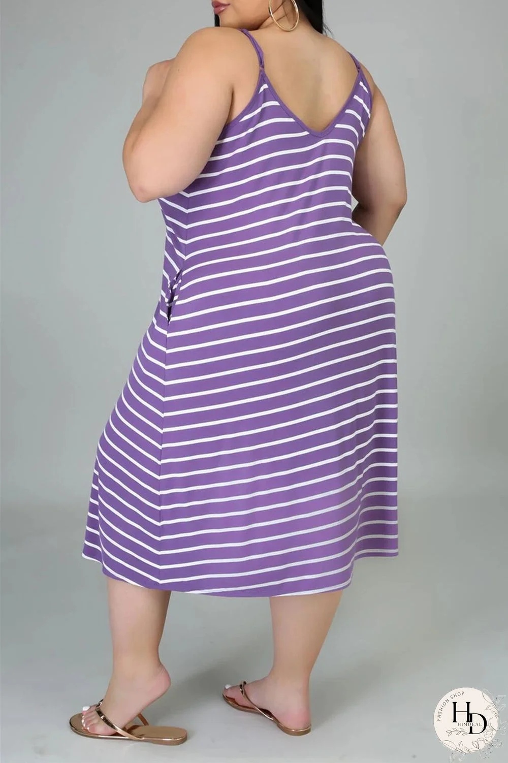 Deep Blue Sexy Casual Plus Size Striped Print Backless Spaghetti Strap Sleeveless Dress