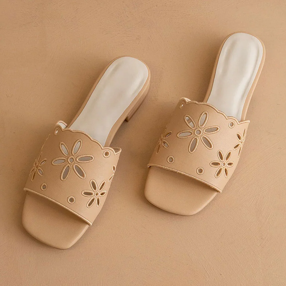 Women's Elegant Tan Square Toe Hollow-Out Flower Flat Mules Shoes