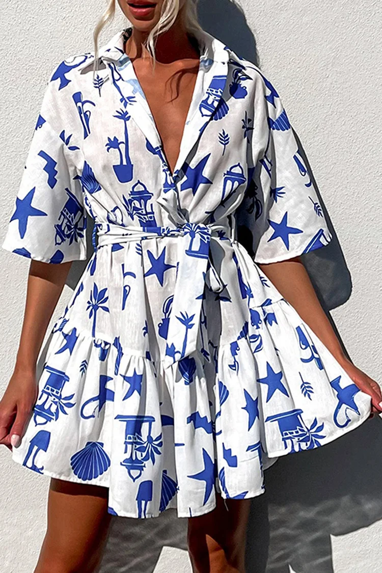 Short Sleeve Turndown Collar Knotted Waist Pattern Printed Linen Mini Dresses [Pre Order]