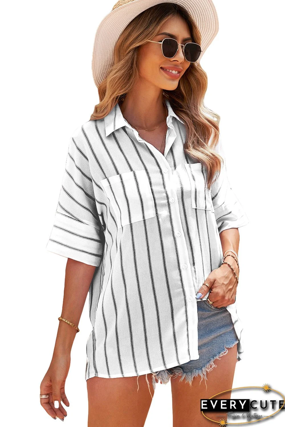 White Pocketed Striped Shirt