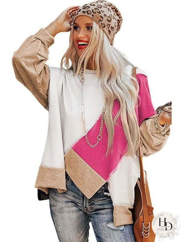Knit Sweatshirt With Irregular Color Blocking - Women'S Loose Fit Long Sleeve Top