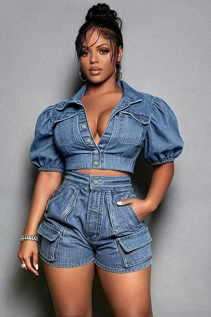 Xpluswear Design Plus Size Party Light Blue Shirt Collar Short Sleeve Pocket Crop Denim Two Piece Short Sets [Pre-Order] 2024 - Xpluswear