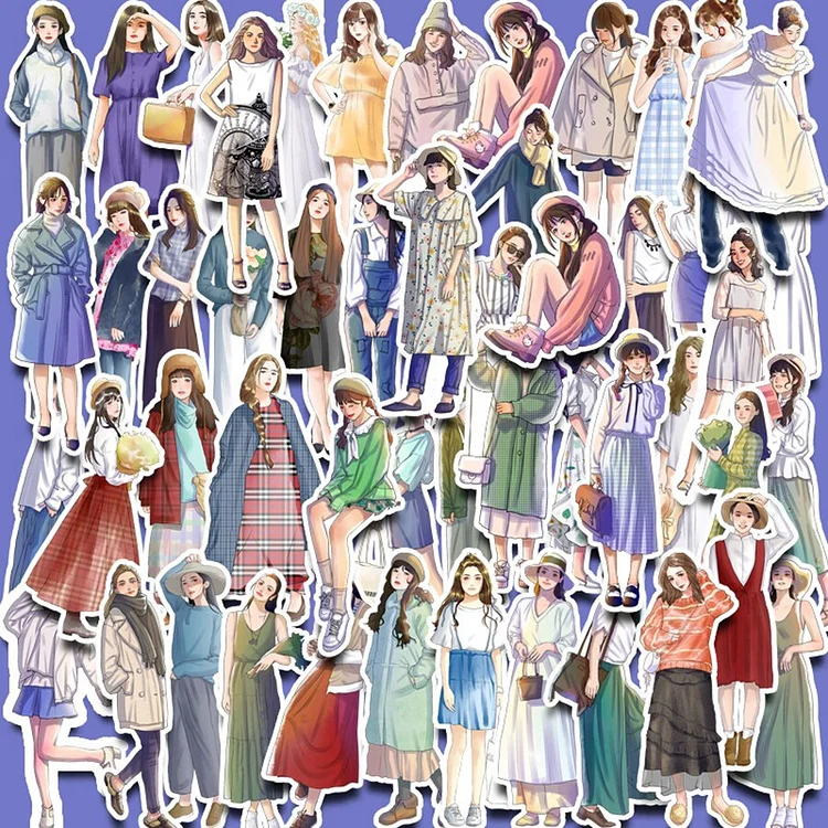 Journalsay 50 Sheets Kawaii Cartoon Girl Character Outfit Material Sticker