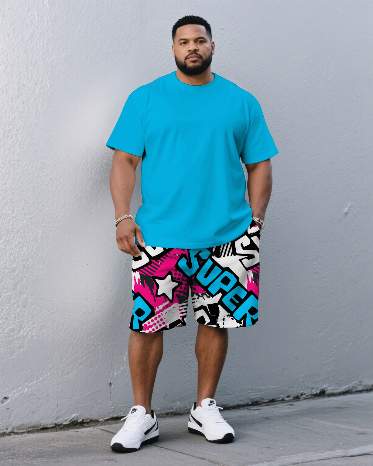 Men's Plus Size Street Graffiti Pants With Blue Solid Color Round Neck Short Sleeve T-Shirt Shorts Suit