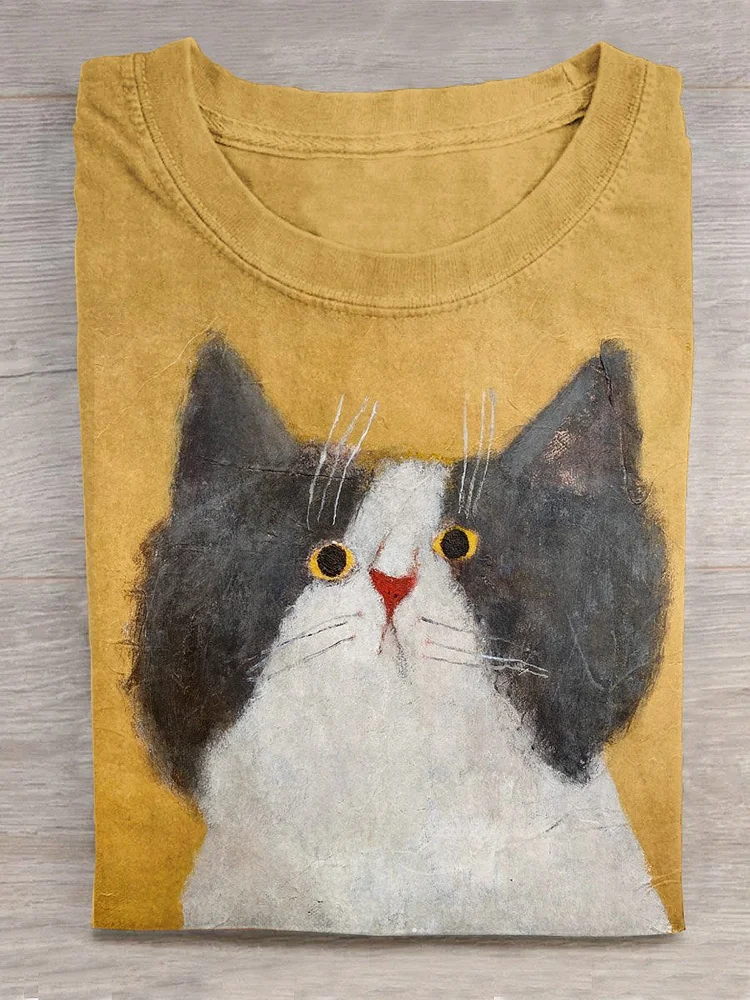 Funny Cat Portrait Art Pattern Print Casual T-shirt