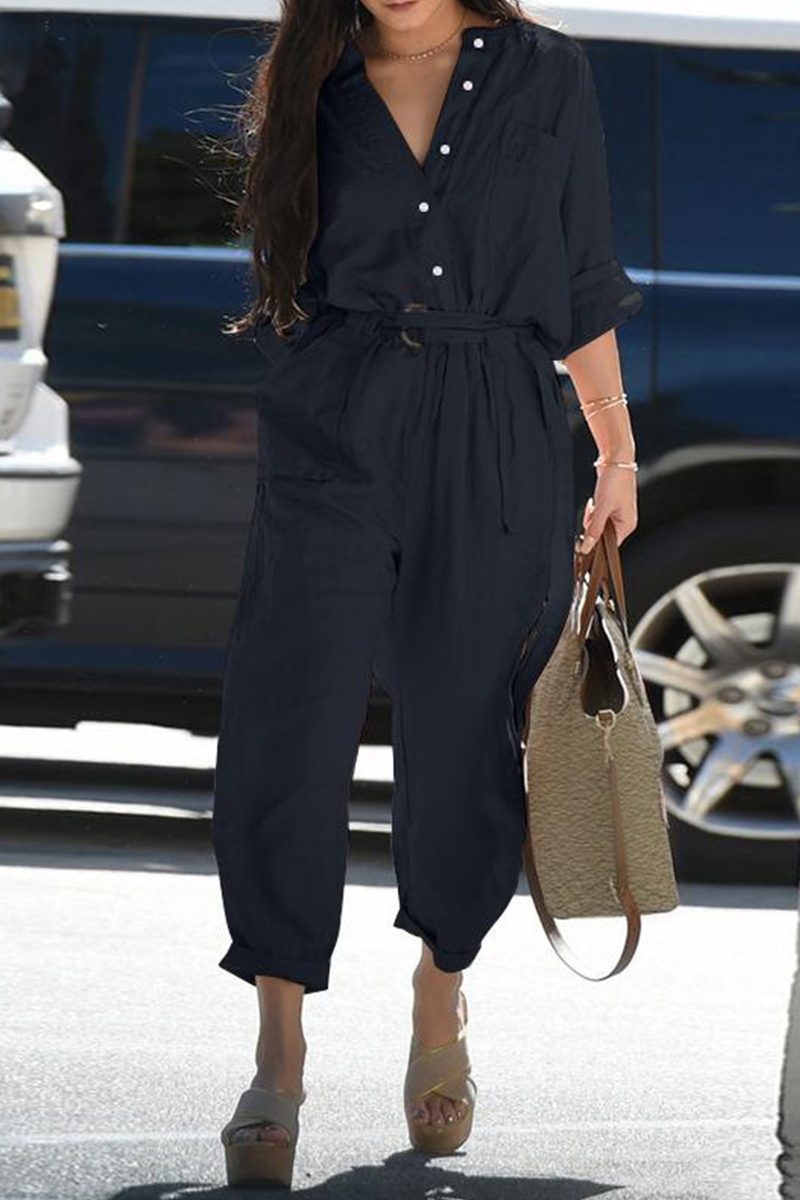 Casual Solid V Neck Harlan Jumpsuits(3 Colors) main image 0