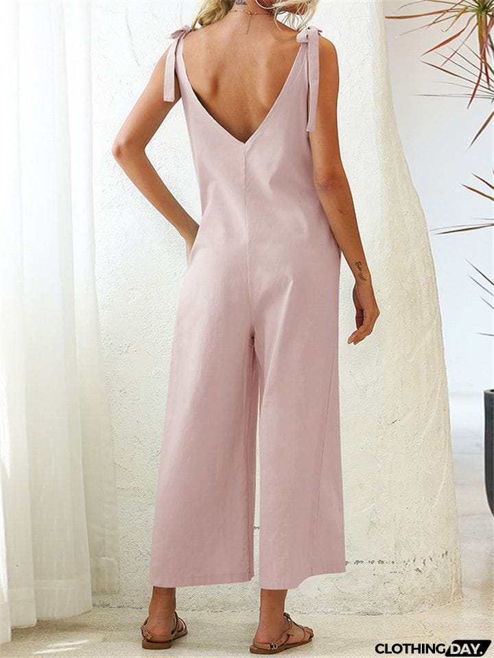 Women's Stylish Solid Color Sleeveless Loose Jumpsuit With Pocket