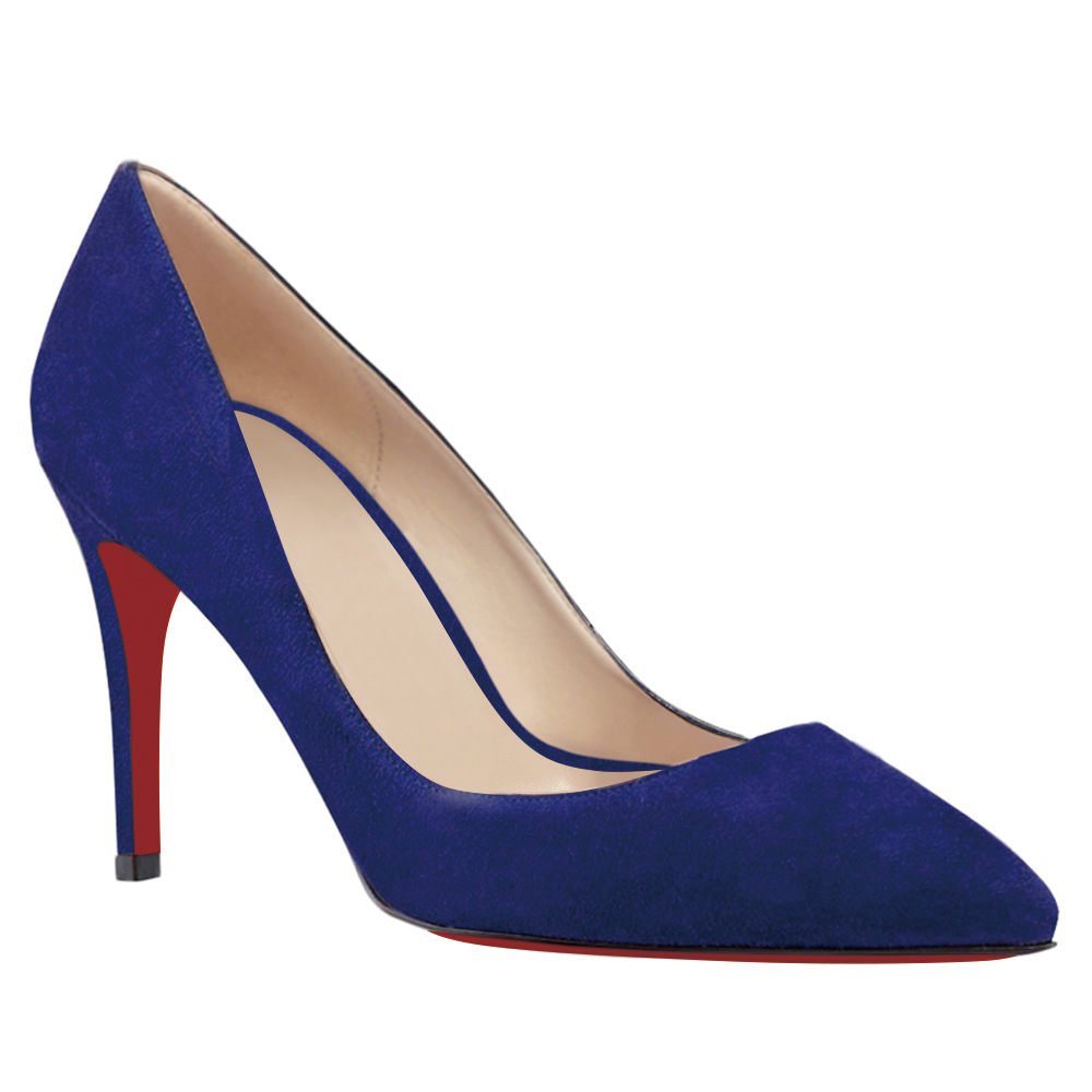 90mm Middle Heels Pointy Toe Pumps Blue Suede-vocosishoes