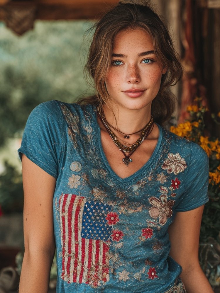 Comstylish Vintage Western American Flag Inspired V Neck T Shirt