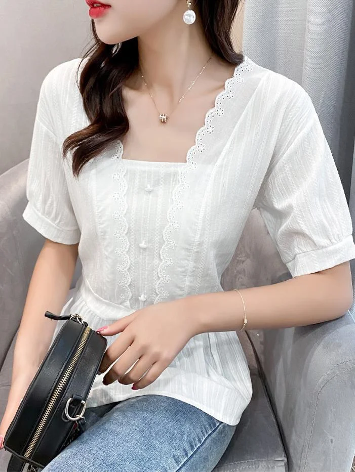 Oversized white lace chiffon short-sleeved shirt