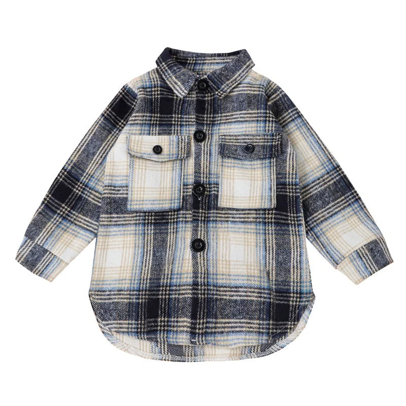 Fashion Baby Girl Boy Woollen Plaid Shirt Jacket Child Shirt Thick Loose Outfit Winter Spring Autumn Baby Casual Clothes 1-7Y