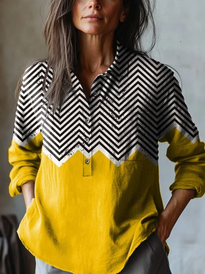 Geometric Zigzag Pattern Printed Women's Casual Cotton And Linen Shirt